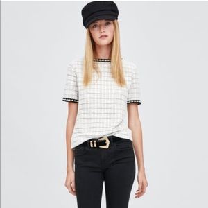 Zara Trafaluc pearl lined tweed grid pattern tshirt   Size small